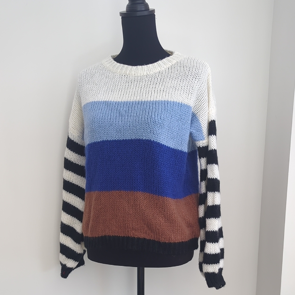 Women’s Striped Colorblock Crewneck Sweater in White, Blue & Brown